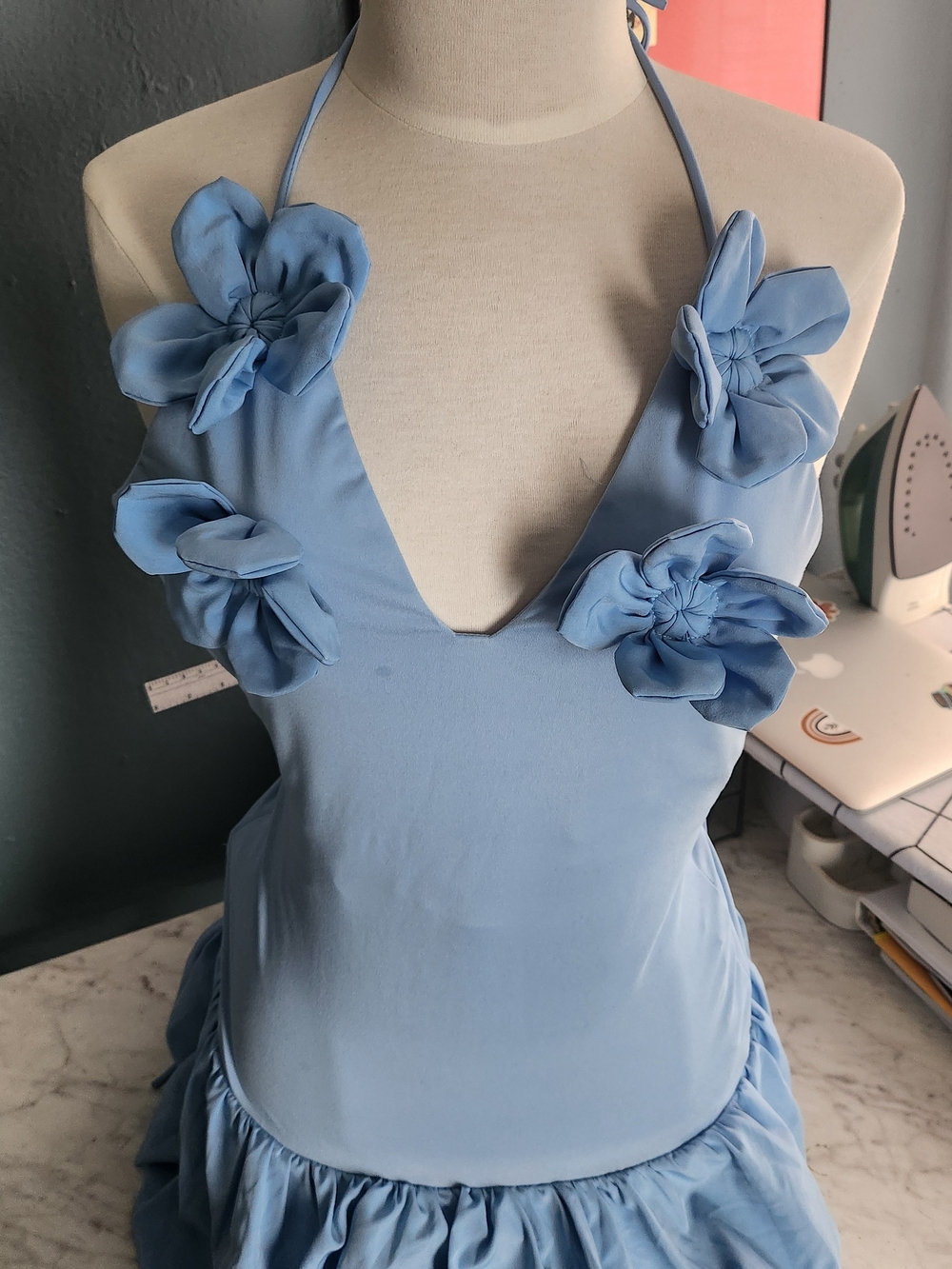 Floral Appliqué Light Blue Halter Women’s Top